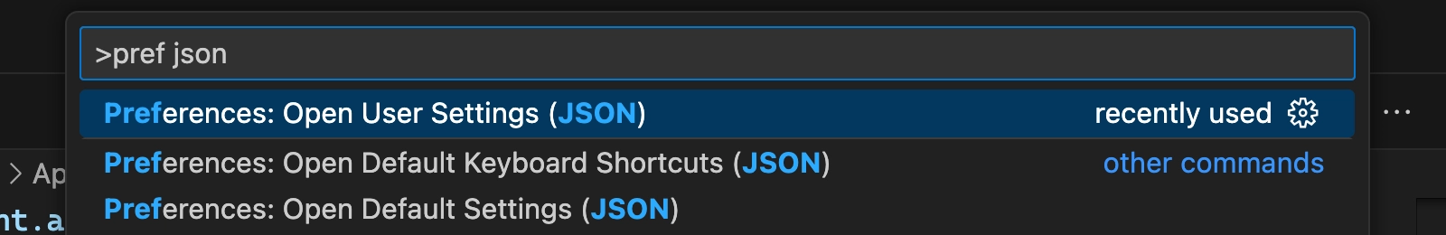 VS Code user settings in command palette VS Code user settings in command palette
